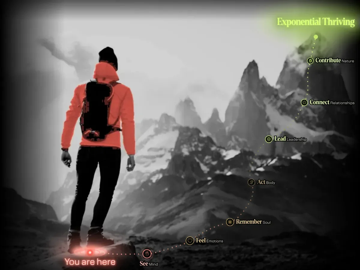 A leader at the foot of a mountain. A trail runs from You are here, past the seven intelligences, to Exponential Thriving at the summit.